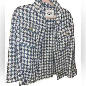 Zara blue and white tweed houndstooth blazer size S